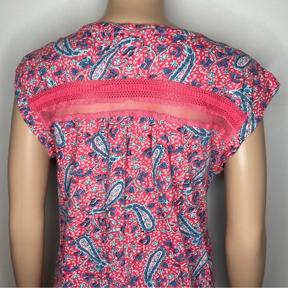 Lucky Brand Pink Blue Floral V-Neck Lace Detail Short Sleeve Paisley Blouse Top - Picture 5 of 8